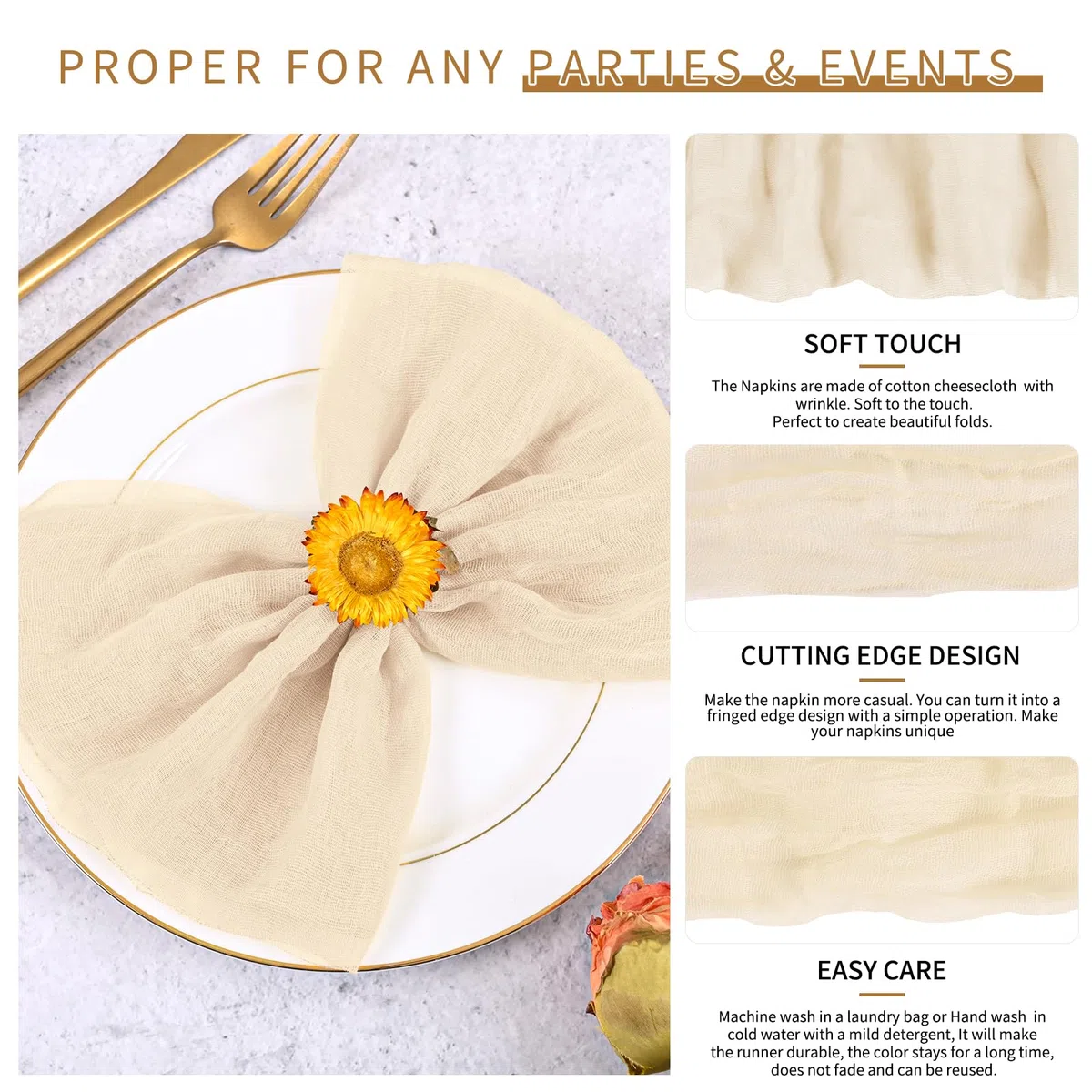 Teruntrue Confezione da 30 tovaglioli di stoffa beige con garza, lavabili, stile bohémien, per matrimoni, feste di compleanno, decorazioni per feste, 50 x 50 cm