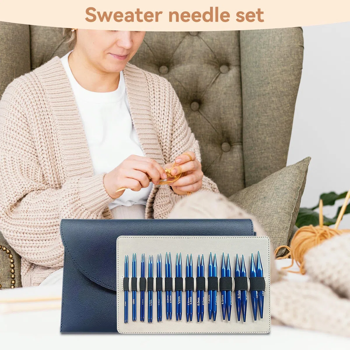 Set di ferri circolari intercambiabili con custodia in pelle, 13 paia di ferri da maglia circolari da 3,0 a 10,0, in metallo con 4 cordoncini 40cm/60cm/80cm/100cm, accessori principianti (blu)