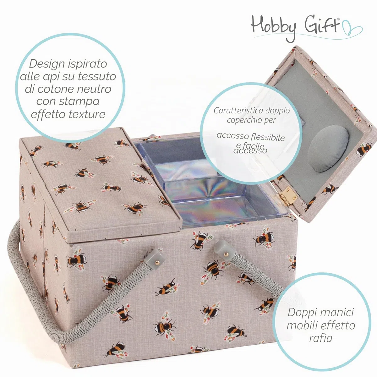 Hobby Gift Scatola Grande per Cucito con Doppio Coperchio e Manico - Cestino Porta Cucito in Cotone con Scomparti per Strumenti e Accessori Creativi - 25 x 25 x 17 cm, Api