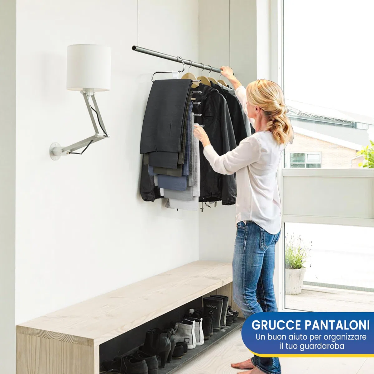 DAMITA Grucce Pantaloni Salvaspazio Appendiabiti Porta Pantaloni 4 Pezzo 5 in 1 Bianco per Armadio Appendini Multifunzionali Nessuna Installazione Adatto per Donne e Uomini Jeans Sciarpe Vestiti