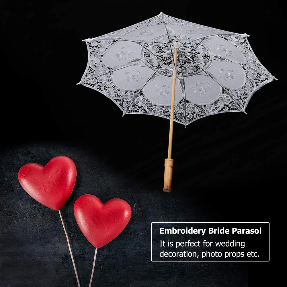 Zerodis Ombrello da Sposa in Pizzo, Parasole Decorativo Fatto a Mano, Manico in Legno, Bianco