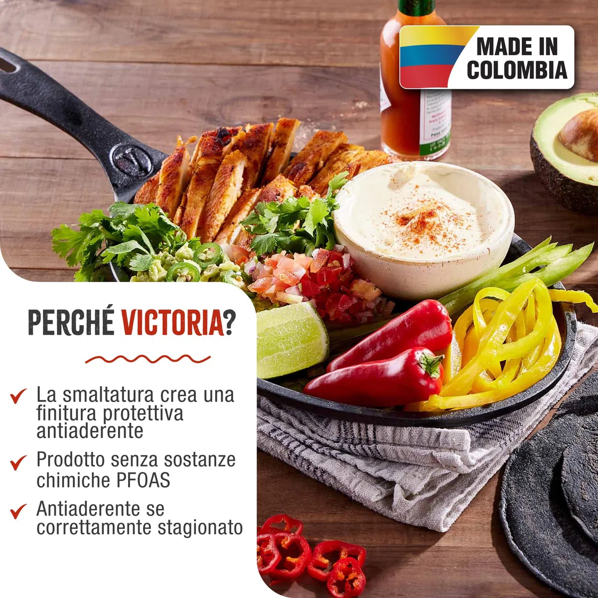 VICTORIA Padella per Fajita in Ghisa Smaltata Induzione da 25cm, Adatta per, Fuoco, Barbecue, Forno, Vetroceramica e Gas, Cast Iron Skillet Senza Sostanze Tossiche, Senza PTFE e PFOA
