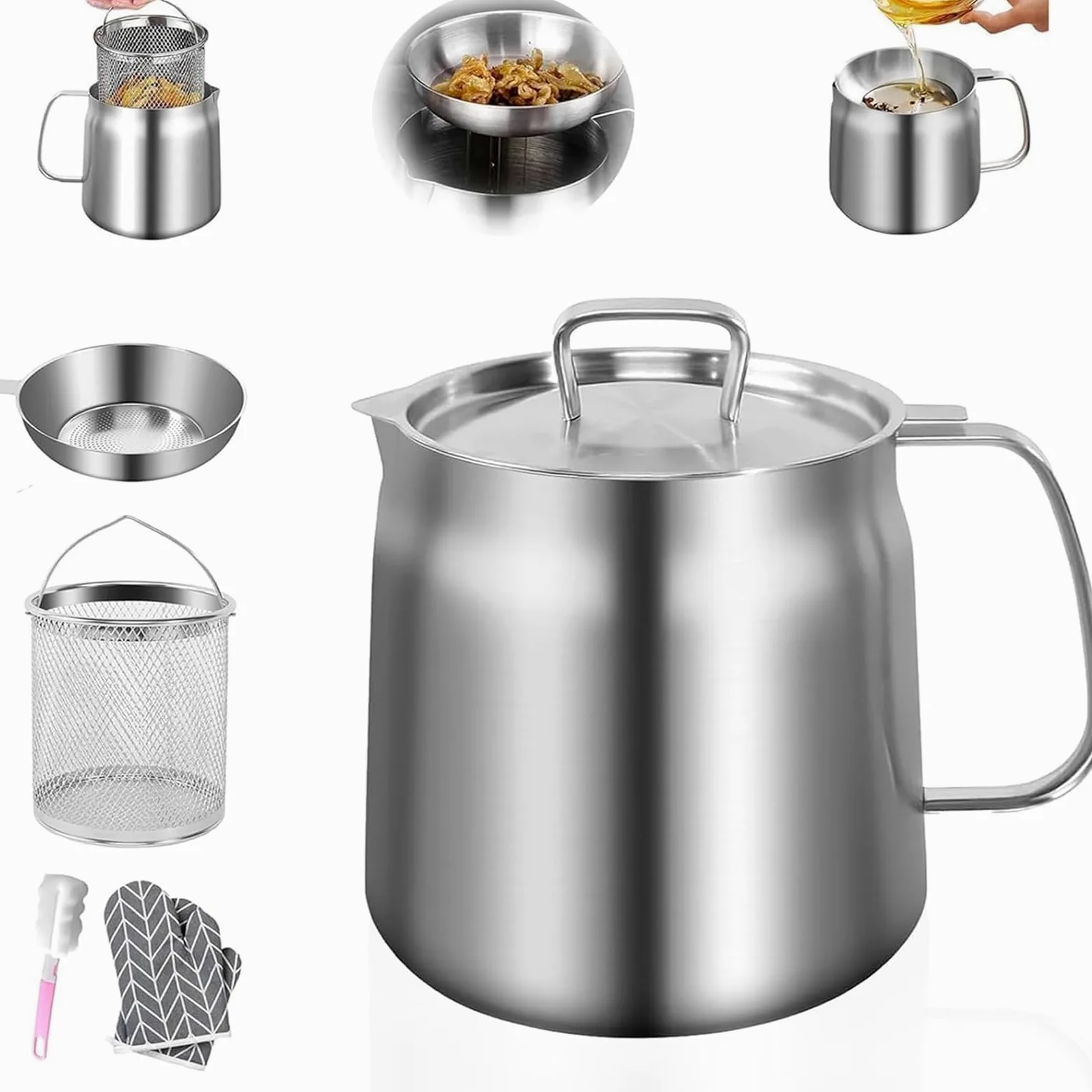 Pentola filtro olio in acciaio inox 304, con cestello e filtro schermo, friggitrice grande capacità da 2 l, per conservare grasso da frittura e cucinare