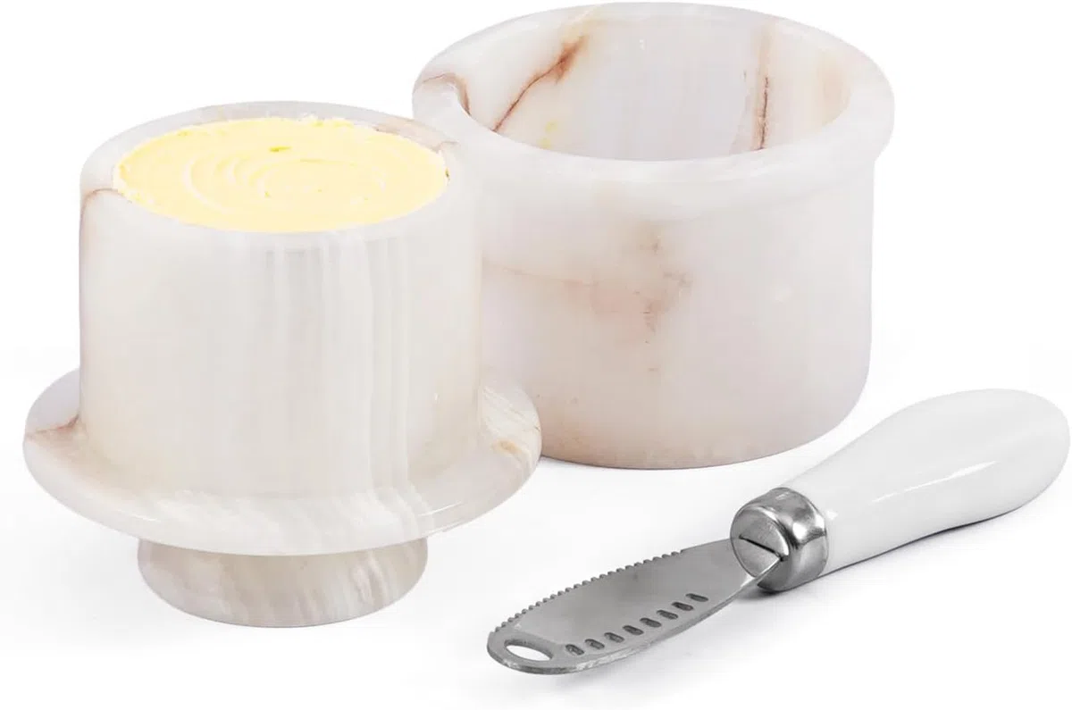 Portaburro in marmo con coperchio e coltello, contenitore per burro francese e piccolo piatto per burro spalmabile, elegante decorazione da cucina e accessorio da tavola fatto a mano