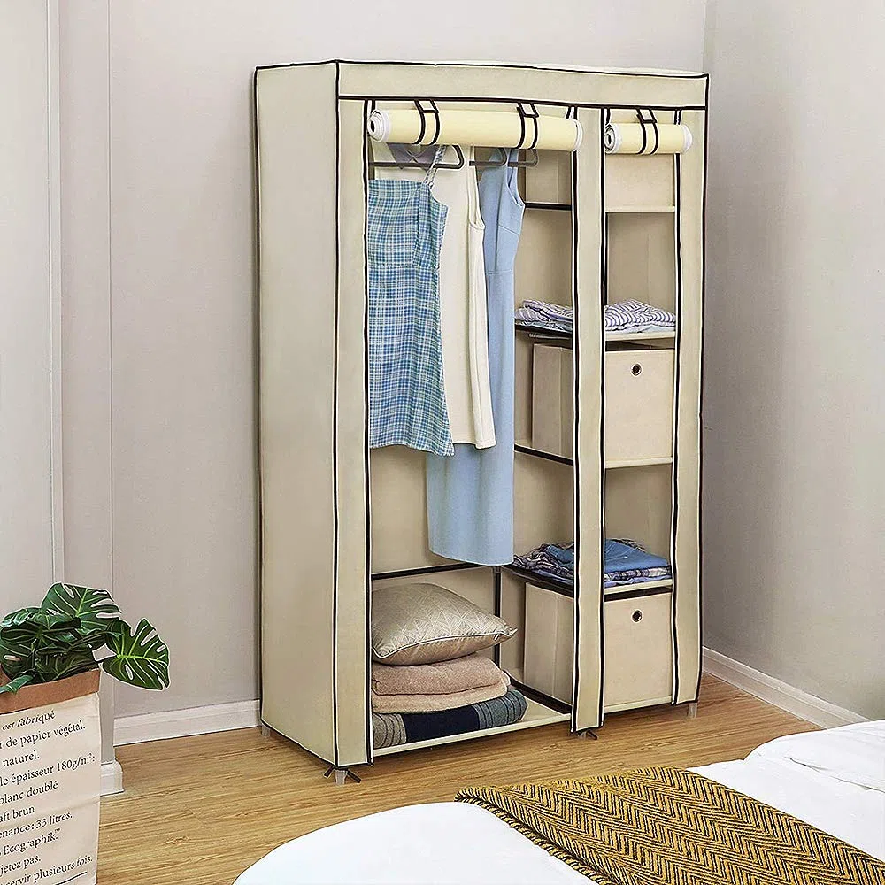 Armadio in Tessuto, Guardaroba, Appendiabiti, Ripiani Portaoggetti,con Asta per Abiti con Copertura, Capiente, per Borse, Giocattoli, Scarpe, Soggiorno, Camera da Letto, 110*45*175 cm (beige)