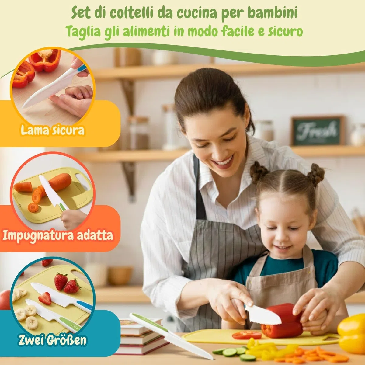 Set Cucina Bambini Montessori - Utensili Veri e Sicuri, Coltelli Antitaglio per Cucinare - Kit Pasticceria con Attrezzi e Coltello, Gioco Educativo, Regalo Bambina e Bambino 3 Anni