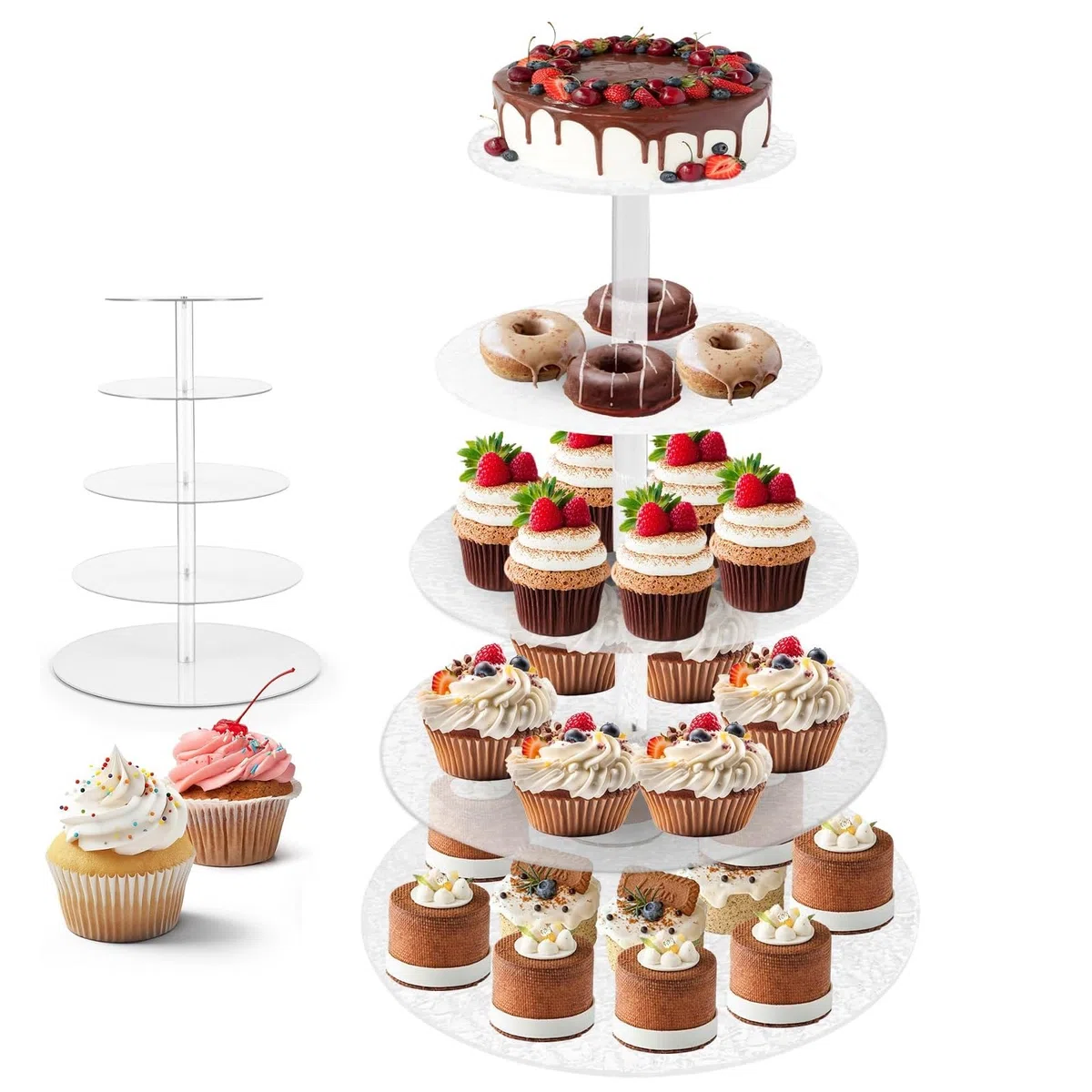 Alzata rotonda per cupcake a 5 livelli in acrilico, supporto per torte a più livelli per dessert, espositore per cupcake, per feste di compleanno, feste di nozze, centrotavola