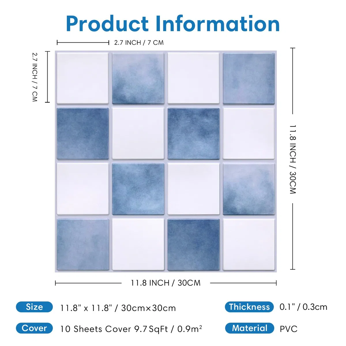 Piastrelle Adesive per Cucina, PVC Blu nebbia e bianco, 10 Pezzi, Adesivi per Piastrelle 3D, Autoadesive per Pareti,Paraschizzi Autoadesivo per Cucina, Bagno, 30 × 30 cm