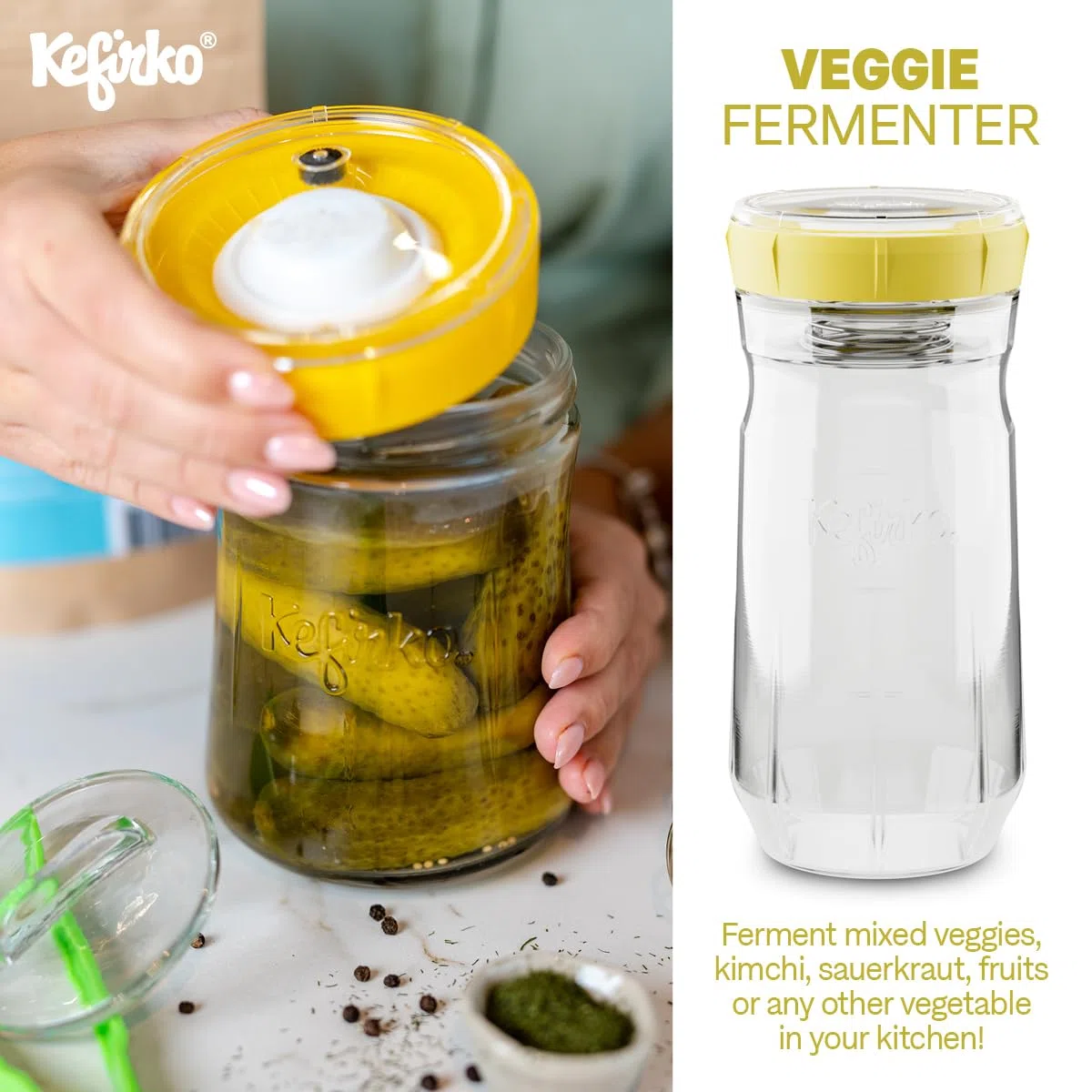 Kefirko Fermentatore per verdure, 900 ml, per fermentare frutta, verdura, kimchi, crauti e altro ancora, materiali privi di BPA, verde