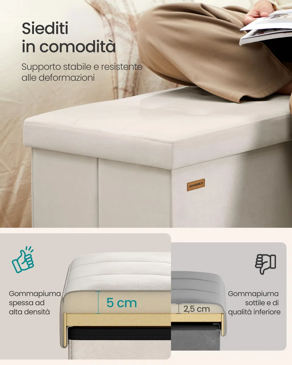 SONGMICS Pouf Pieghevole, Cassapanca, 38 x 76 x 38 cm, Coperchio Ribaltabile, Capacitàdi Carico Statico 300 kg, per Corridoio, Soggiorno, Camera da Letto, Velluto, Beige Cappuccino LSF048LH01