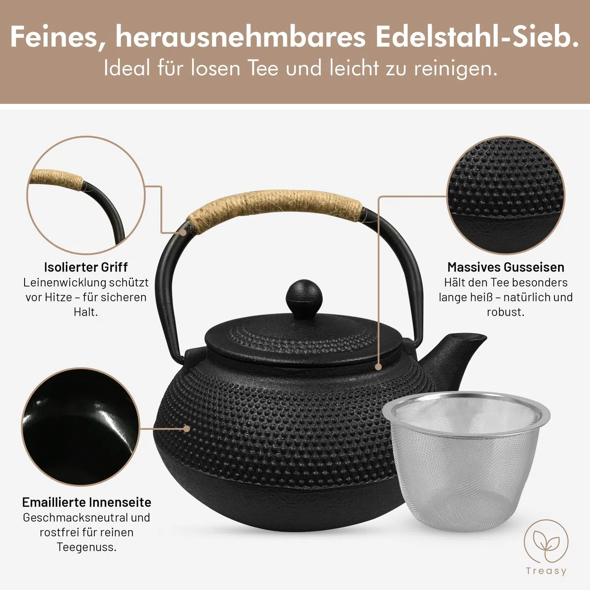 Treasy Teiera in ghisa 850 ml in stile giapponese - Teiera in ghisa con colino da tè in acciaio inox - Teiera in ferro nero per tè sfuso - Design tradizionale giapponese