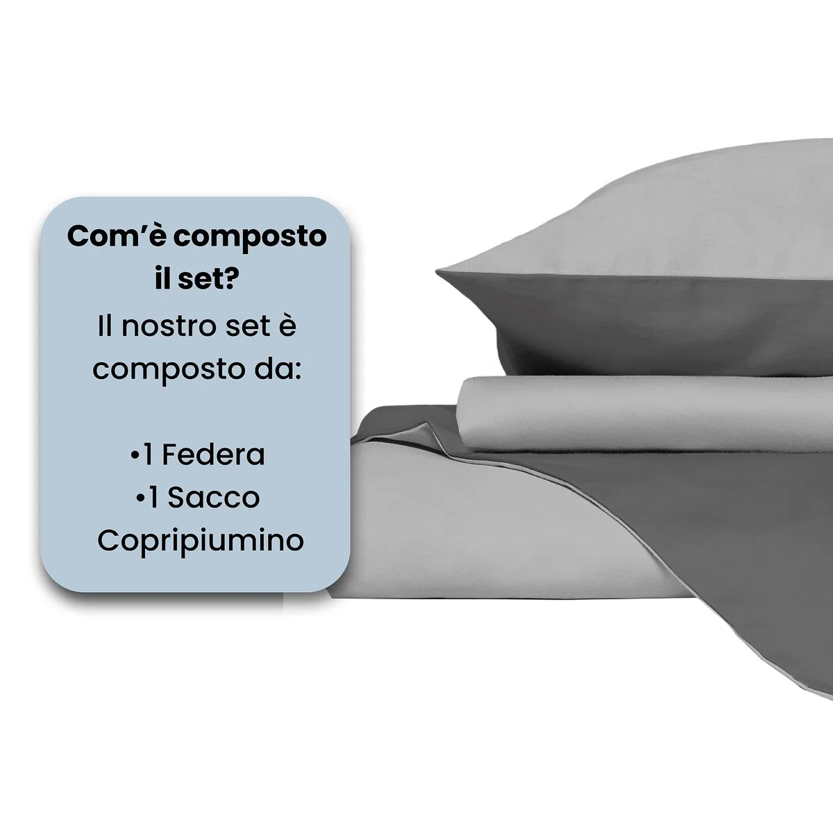 Set Copripiumino 100% Cotone Natural Color, Made in Italy - Parure Copri Piumino - Sacco Piumone 200x200 cm con Doppia Patella e Federa Cuscino, Piazza e Mezza, Grigio Scuro/Grigio Chiaro