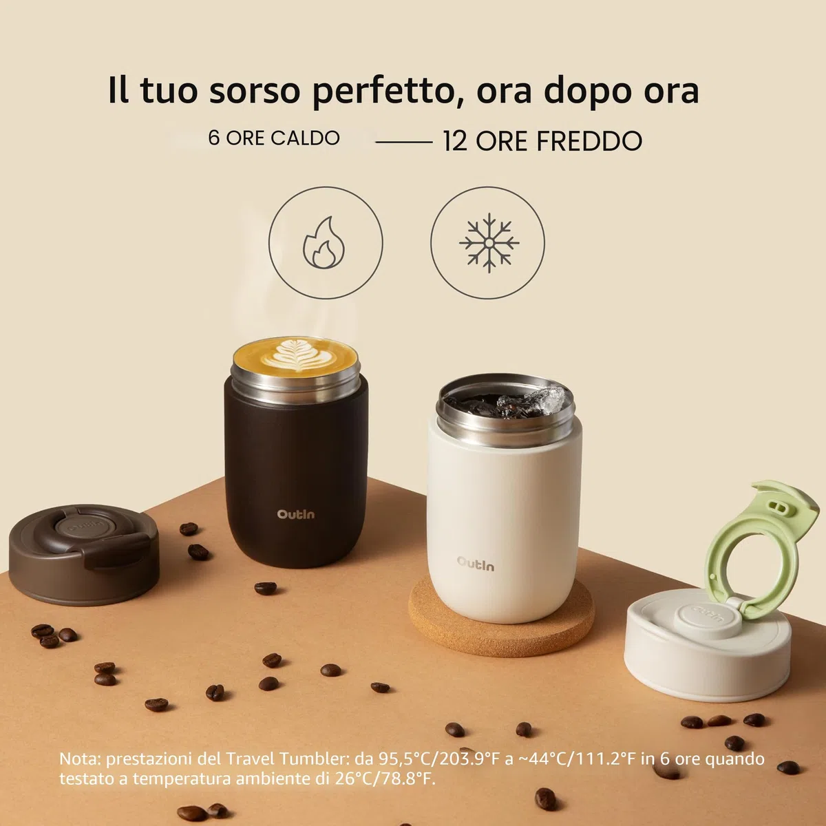 OutIn Tazza Termica Caffe con Isolamento Sottovuoto, Tazza Termica da Viaggio per Caffè Isolato per Esterni con Coperchio Flip a Prova di Perdite, Mug in Acciaio Inox da 11.8 fl oz (350ml)Calde&Fredde