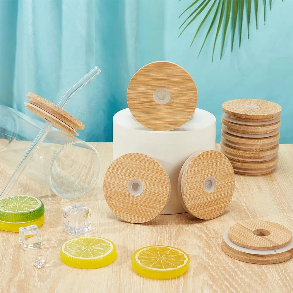 OLYCRAFT 12pz Coperchio In Legno per Barattoli di Vetro 70mm Coperchi per Barattoli di Vetro In Legno con Foro per Cannuccia con Silicone Anti-Perdite per Bicchieri Da Birra A Bocca Normale