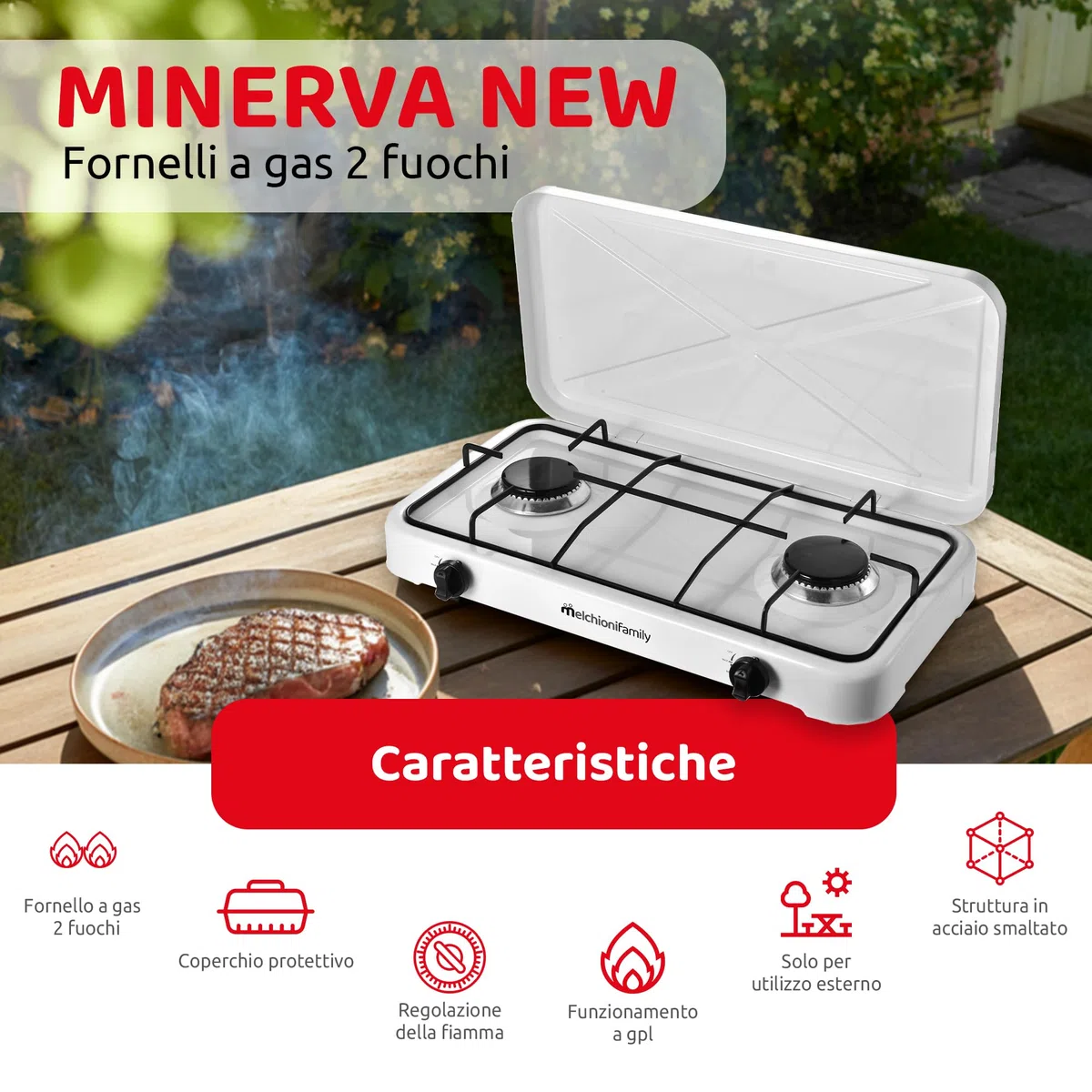 Melchioni Family | Fornello a Gas da Campeggio MINERVA 2 con 2 Fuochi, Fornelletto GPL Portatile con Coperchio, Griglia e Fuochi Removibili, Bianco