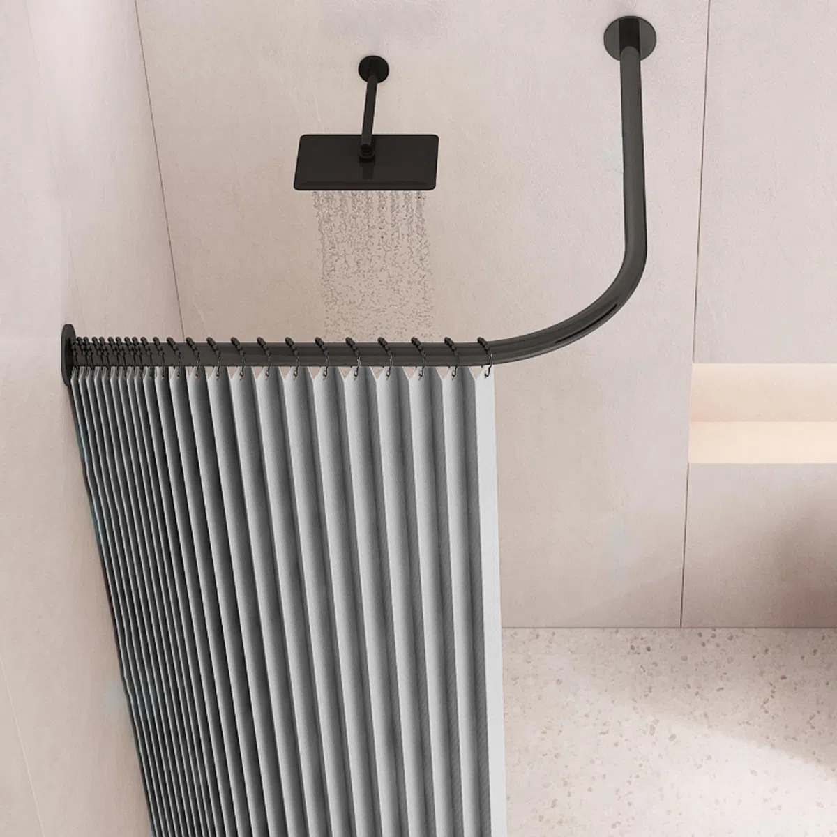 Asta per Tenda da Doccia A Forma di L, 70x70cm Bastone Tenda Doccia Angolare Curva Senza Foratura, Senza Supporto A Soffitto, Adatto per Il Bagno, Nero