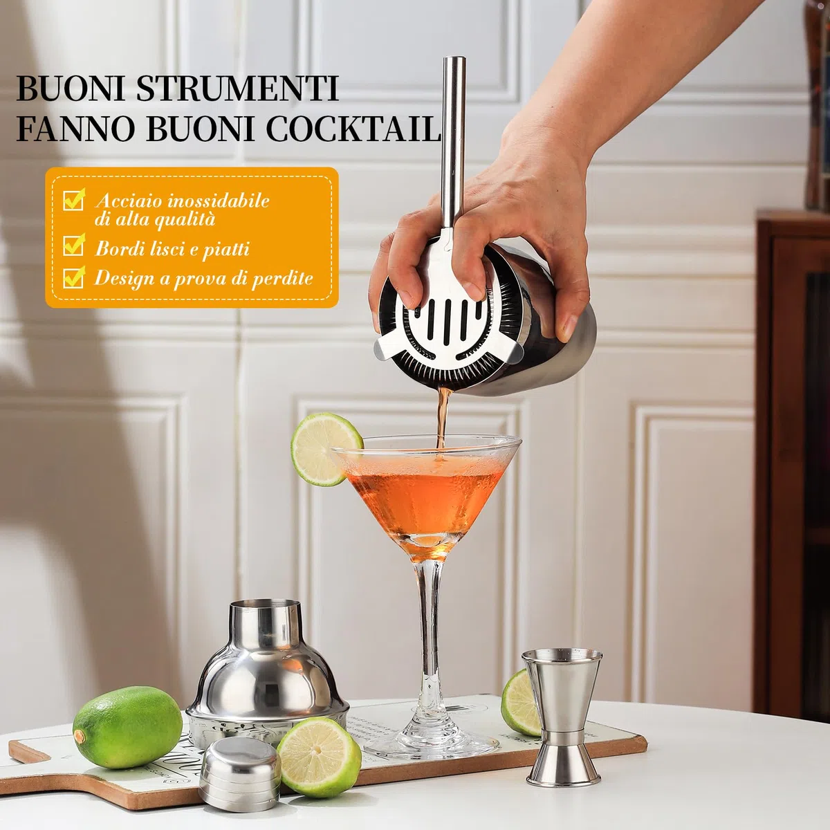 Set Shaker Cocktail con Supporto, Kit Cocktail in Acciaio INOX con 12 pezzi di accessori da bar, 750ML Dosatore Cocktail Set per Home Bar Party Wedding, Kit Barman Regali per Papà uomini (Argento)