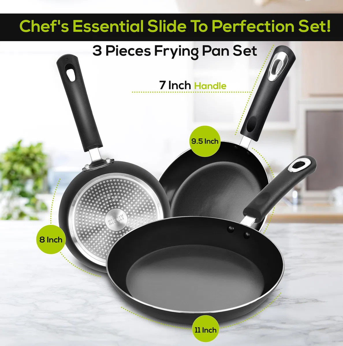 KICHLY Set Padelle antiaderenti in alluminio – set padella 3 pezzi induzione fondo, 20cm, 24cm e 28cm, nero
