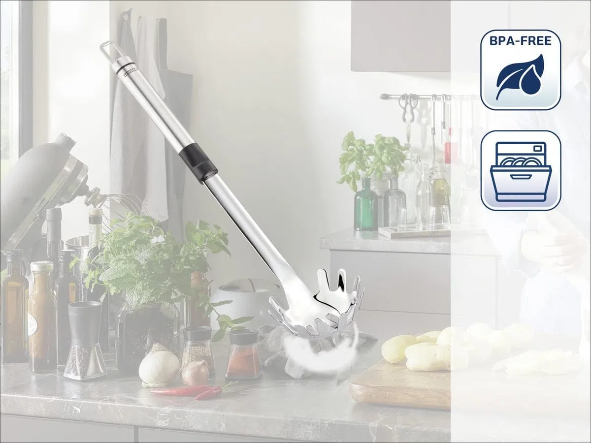 Leifheit cucchiaio per spaghetti ProLine, mestolo per pasta in acciaio inox e plastica di alta qualità, con manico ovale ergonomico e pratico gancio per appendere, colore argento