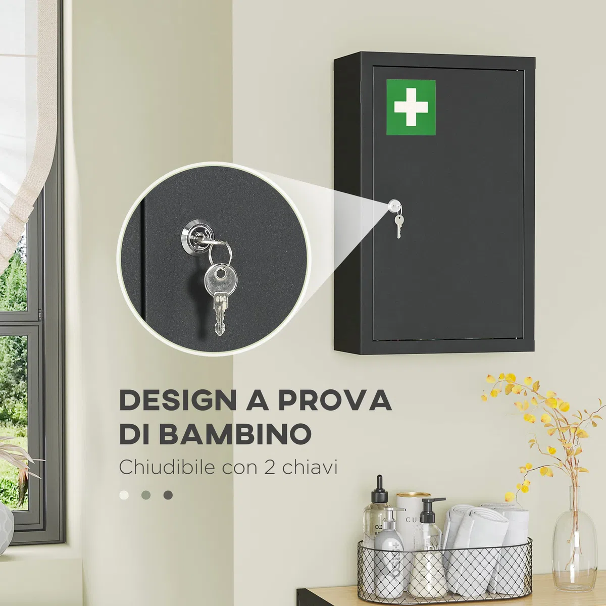 kleankin Armadietto Farmaci a Parete a 3 Ripiani con 2 Chiavi di Sicurezza, Armadietto Porta Medicinali in Acciaio, 30x14x46 cm, Nero