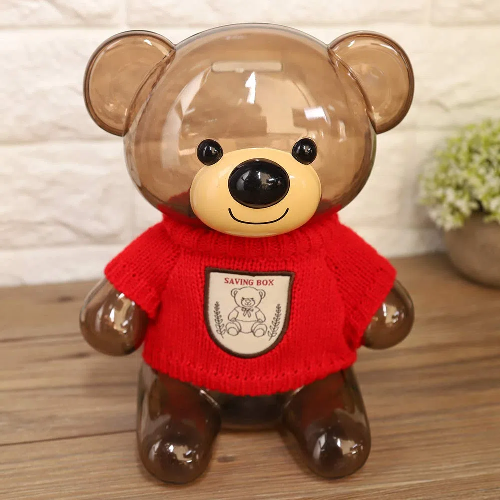 Fdit Salvadanaio Grande, Salvadanaio per Bambini, Salvadanaio, Salvadanaio, Cartone Animato, Vestiti, Orso, Plastica Trasparente(Orso Trasparente in Rosso)