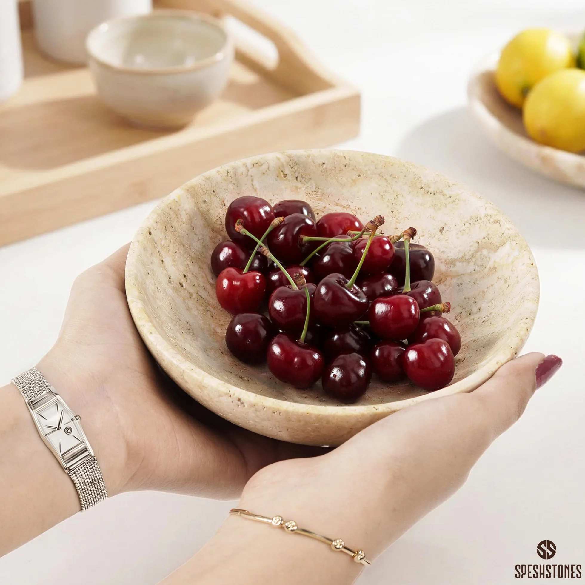 SPESHSTONES Ciotola per frutta in marmo, realizzata a mano, in travertino, piccola ciotola decorativa per bancone della cucina e tavolo da pranzo, centrotavola – ciotola per chiavi per ingresso