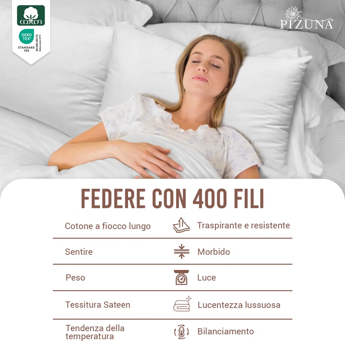 Pizuna Set di 2 Federe per letto matrimoniale cotone 50x80 cm Bianco, 400 fili con trama Sateen in 100% Cotone a fiocco lungo Federa cuscino 50x80 (Federa cuscino Bianco - 2 pezzi)