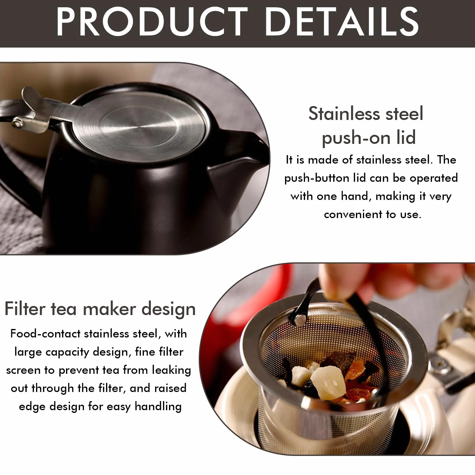 Teiera in porcellana: caffettiera in ceramica nera con infusore, 500 ml Teiera in ceramica con coperchio in acciaio inox, bollitore per caffè, stoviglie in porcellana, teiera da tè
