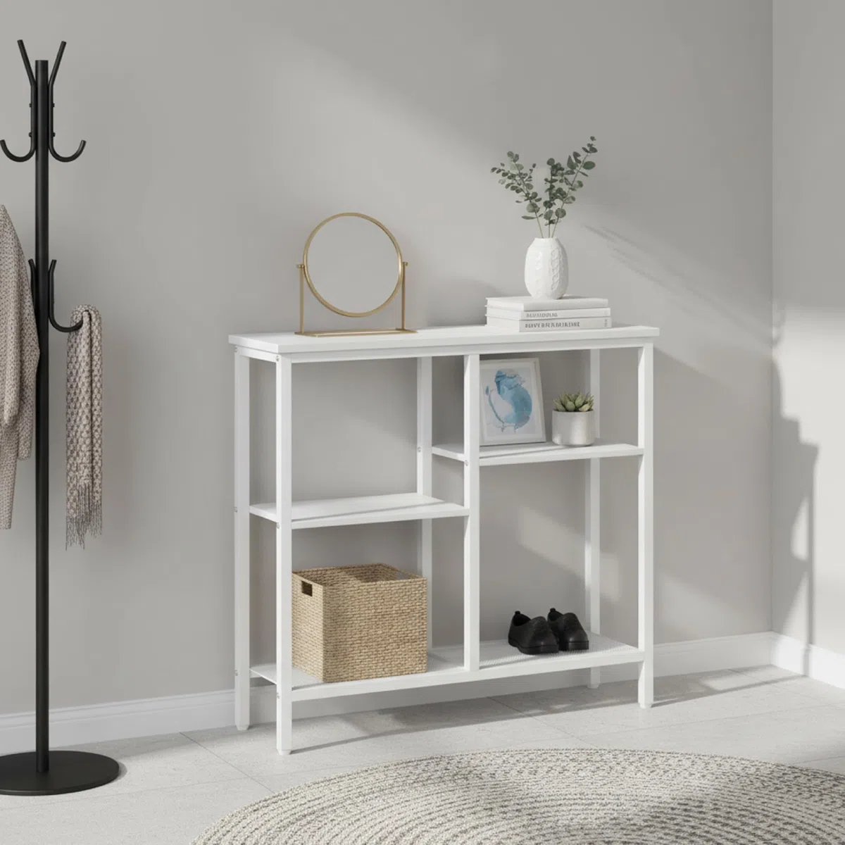 Baroni Home Consolle Ingresso, Tavolo Consolle con Struttura in Metallo Bianca e 4 Ripiani in MDF, Mobile Salvaspazio per Ingresso, Soggiorno e Corridoio, Facile da Montare, 22x75x76 cm