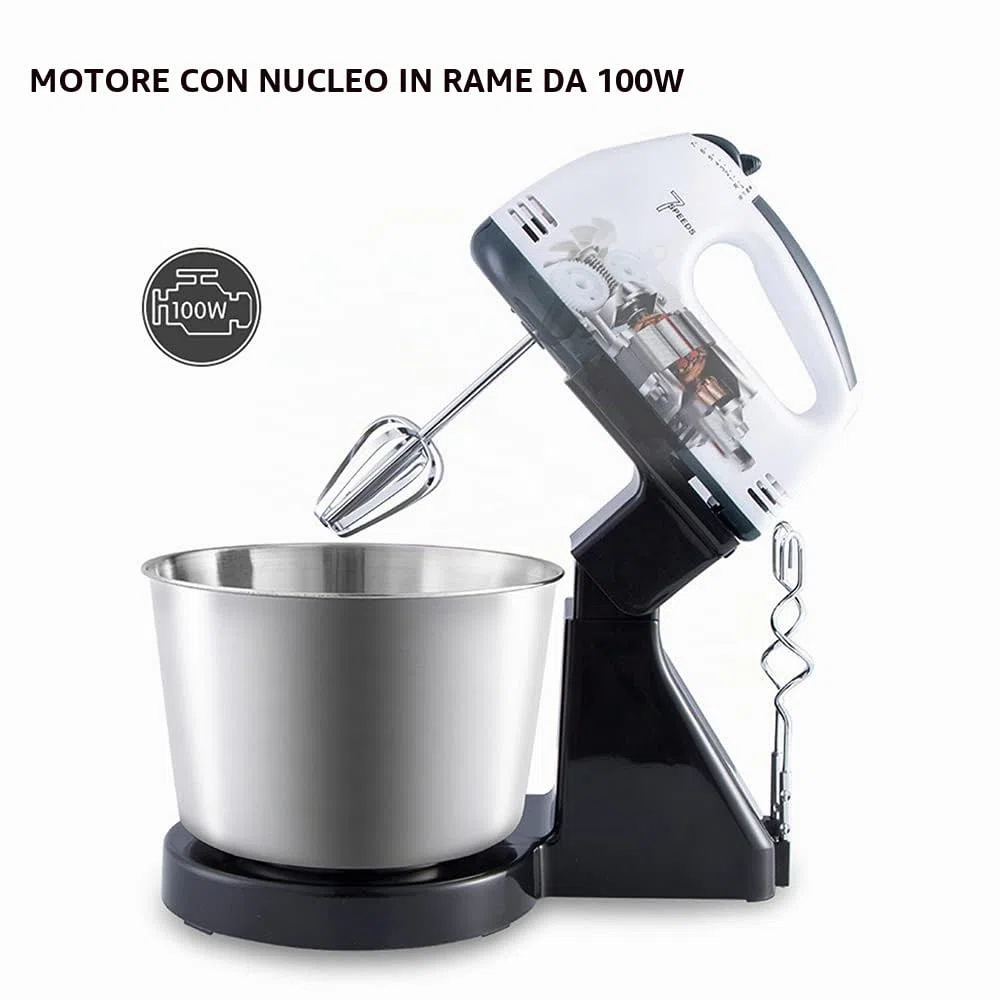 Robot da cucina impastatrice con 7 velocità, mixer per torte con ciotole in acciaio inox da 1,7L, dispositivo multifunzione, frullatore, impastatrice, stand mixer, 100W