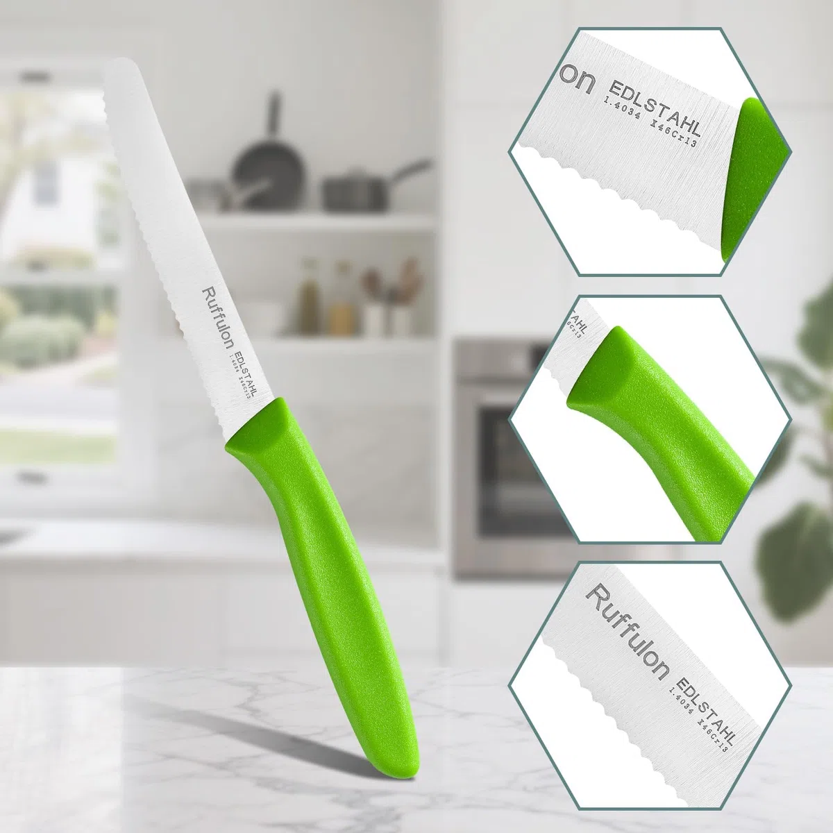 Set 6 pezzi di coltelli da tavola, robusti e durevoli, coltelli da cucina affilati, coltelli seghettati, coltelli da pane in acciaio inox, lavabili in lavastoviglie, colorati.