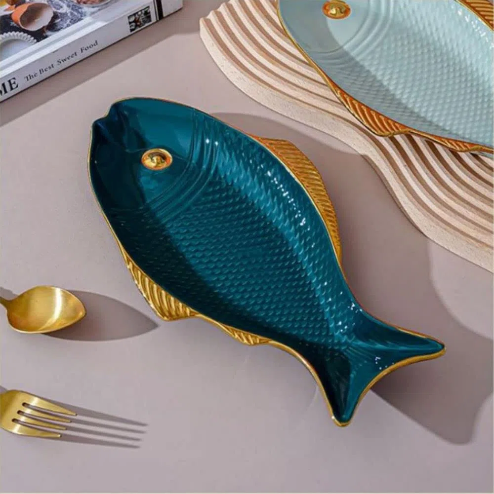 Piatti da insalata a forma di pesce, in ceramica, 30 cm, piatti piani per pasta e dessert, piatti da portata per antipasti, sushi, frutta (verde)