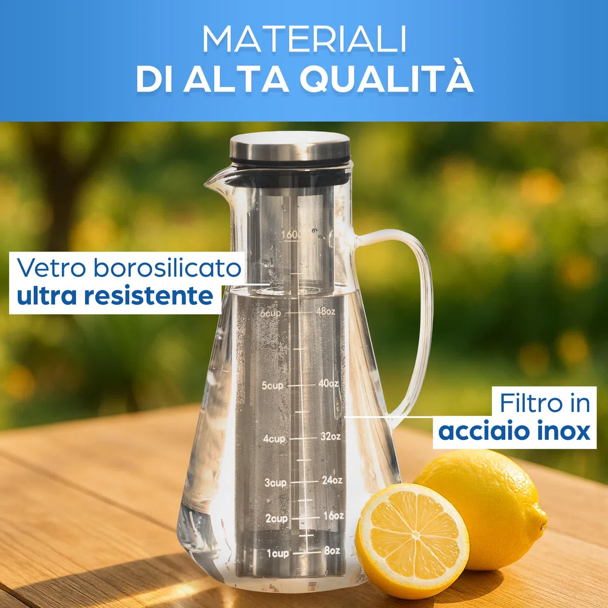 ORINKO® Caraffa Vetro - Brocca in Vetro con Tappo per Acqua, Design Elegante per Tisane e Spritz - Caraffa Acqua Vetro con Coperchio per Frigo - Brocche Ideali per Ogni Occasione