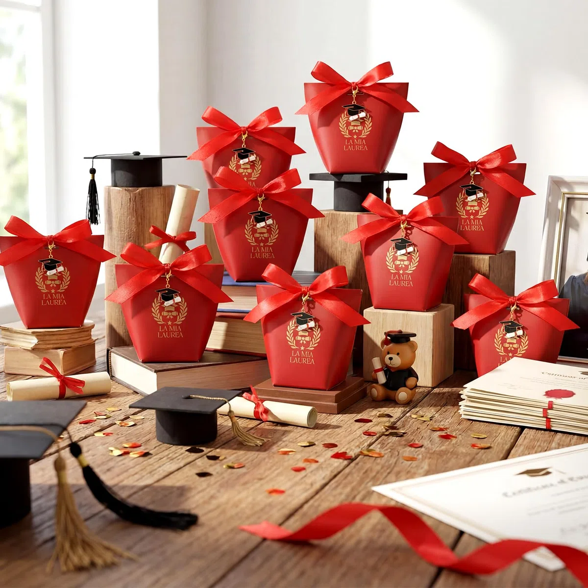 BBTO 50 Set Scatoline Portaconfetti Laurea Include 50 Scatoline Portaconfetti 50 Portachiavi con Cappello di in Smalto 1 Rotolo di Nastro Rosso Bomboniere Decorazione Fai da te Festa Laurea Regalo