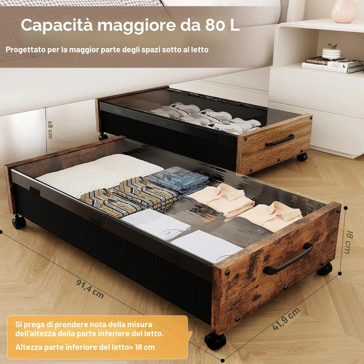 Contenitore sottoletto con ruote, contenitori di legno extra grandi sotto il letto per scarpe, cassetti sotto il letto con rotelle e coperchio trasparente, robusti per vestiti e giocattoli 91,5 cm