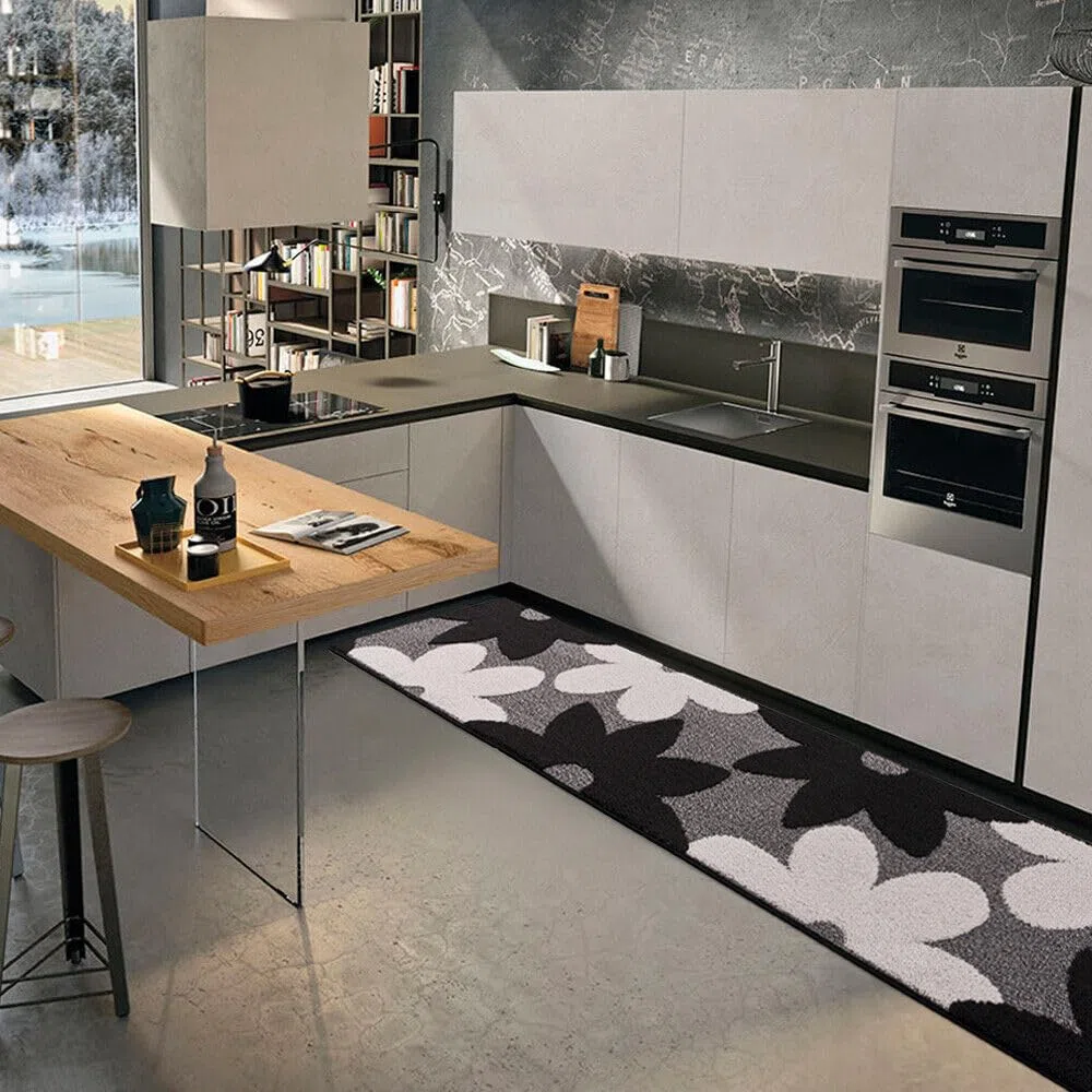 emmevi Tappeto Cucina 3D Fiore Tridimensionale Morbido Bordato Moderno Passatoia Antiscivolo 57x270 Nero