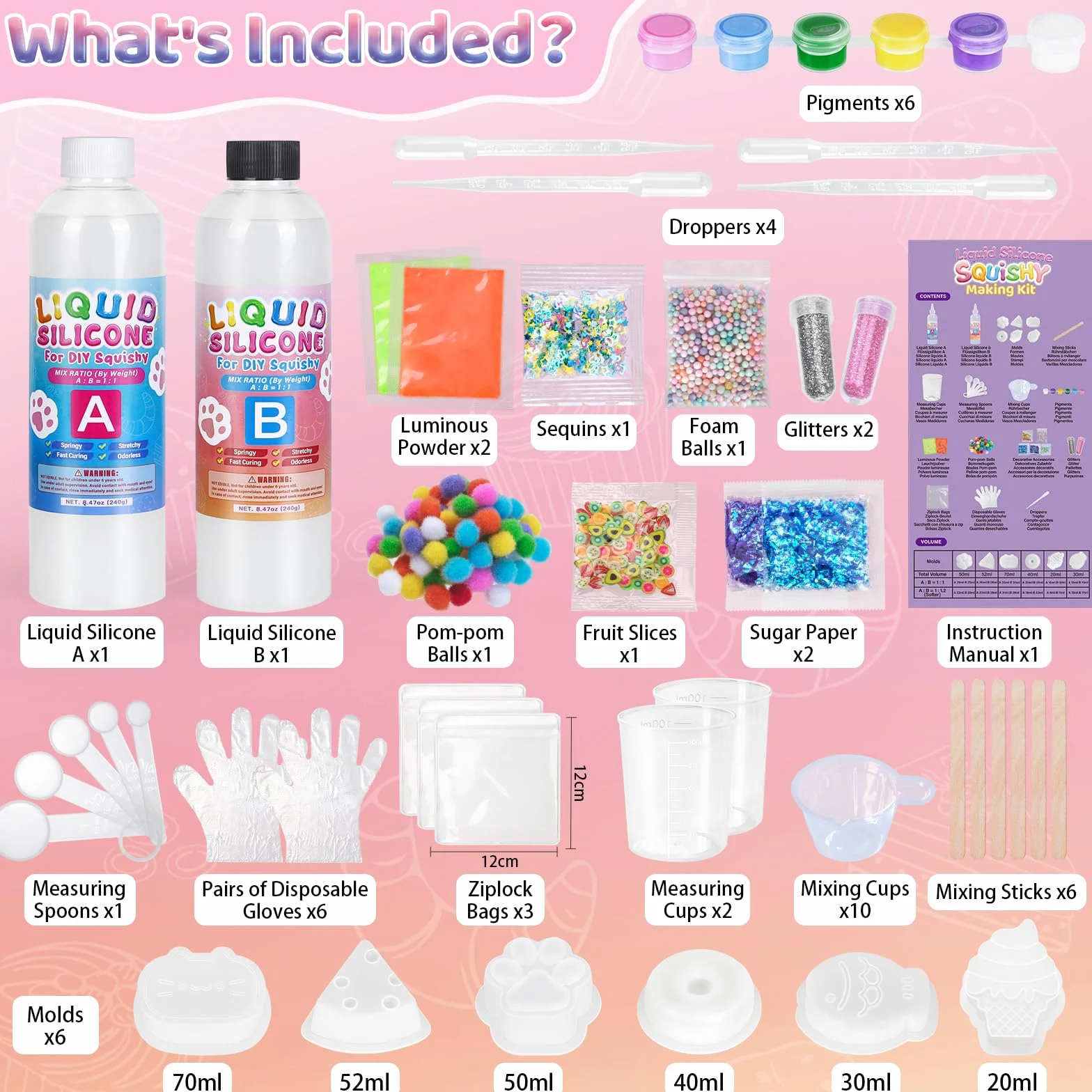Highttoy Kit Squishy Silicone Liquido Luminosi Fai Da Te, 480ml Rapporto 1:1 AB Squishy Gomma Siliconica con 6 Stampi e Accessori, Giocattoli Sensoriali Antistress per Bambini 6+ Anni