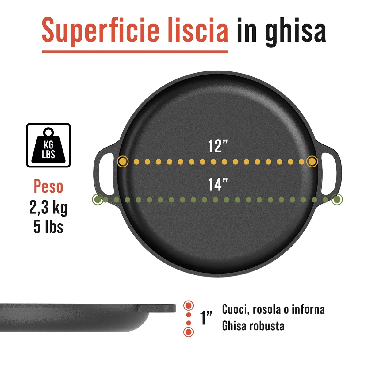 Chef Pomodoro Teglia per Pizza Rotonda in Ghisa Antiaderente da, Teglia Pizza Rotonda con Maniglie, Resiste ad Alte Temperature, Padella Pizza Adatta a Forni, Barbecue, Falò (30 cm)