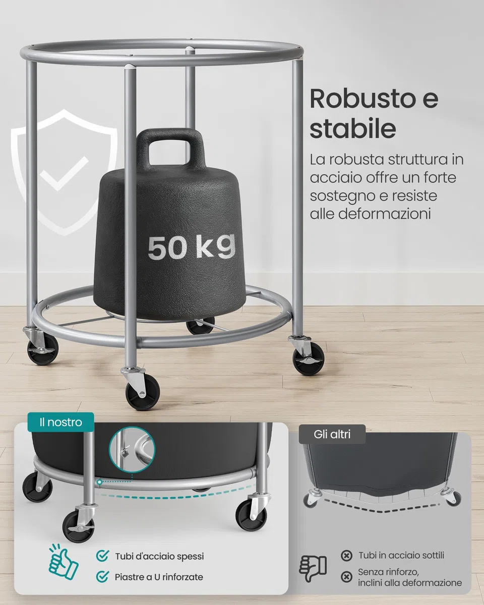 SONGMICS Cesto Portabiancheria con Ruote, Cesta per il Bucato, 170L, Cesto Rotondo con Struttura in Acciaio e Sacco Rimovibile, 4 Ruote e 2 Freni, Nero e Argento RLS001B01