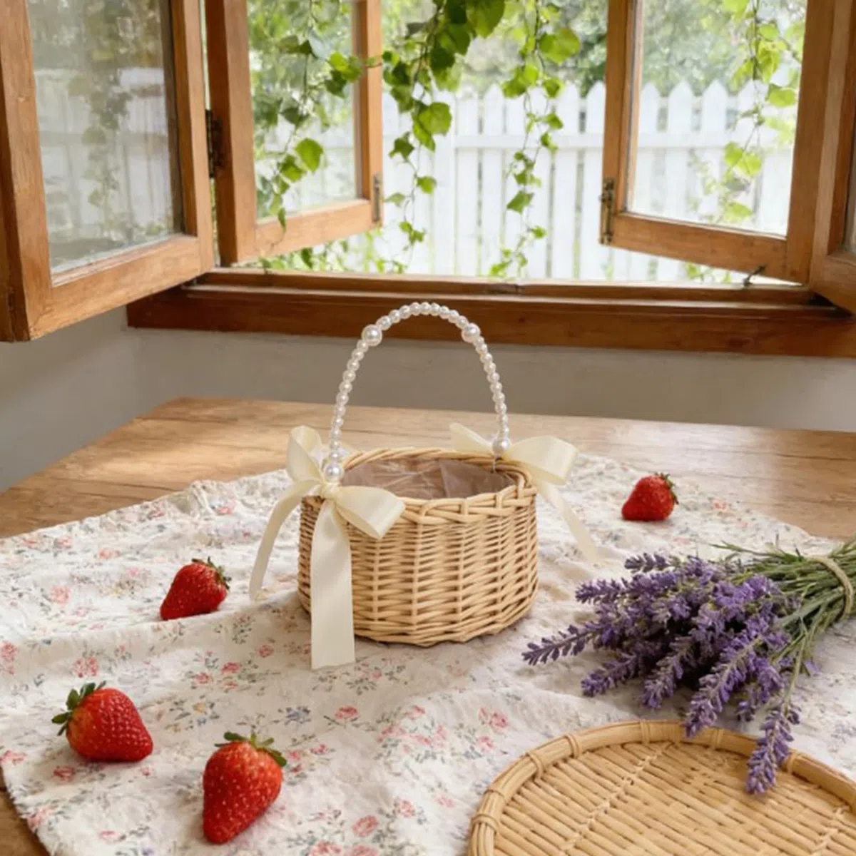 2 pezzi vimini rattan ragazza cesto di, cesto di fiori con manico e fiocco Cestini per fiori da sposa Cestino in vimini per il matrimonio (A)