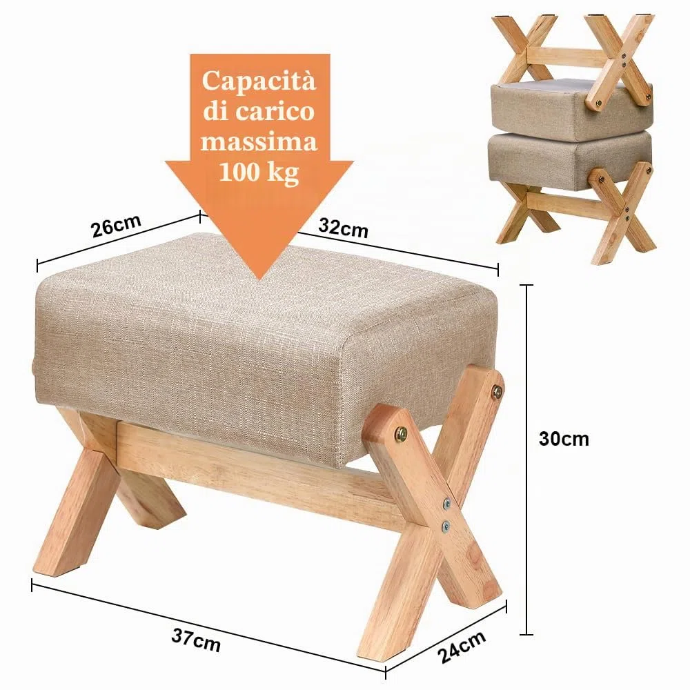 Pouf Poggiapiedi Divano, Ottomana Rettangolare con Seduta Imbottita, Poggiapiedi Morbido con Gambe in Legno, Sgabello Basso Moderno, Poggiapiedi da Ufficio, Soggiorno e Camera da Letto - Bianco