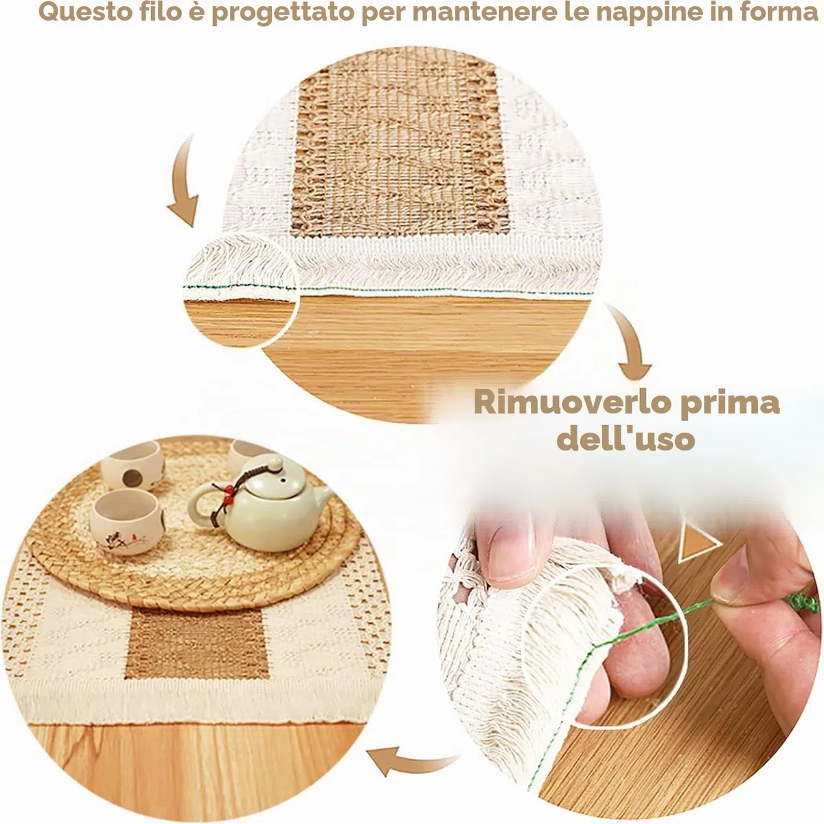 Set di 6 tovagliette fatte a mano in stile bohémien, in iuta di cotone naturale e paglia d'acqua, decorazioni in macramè e tovagliette in stile rustico, per tavolo da pranzo e cucina