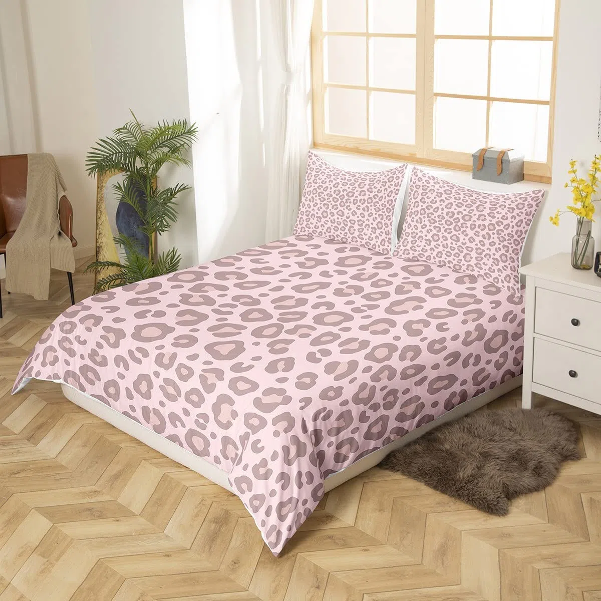 Homemissing Set Copripiumino 200x200cm Rosa Leopardo Pelle Copripiumone Morbido Leopardo Modello Set Africano Leopardo Stampa Copripiumini Super Morbido Decorativo Pelliccia Modello Animale Caccia