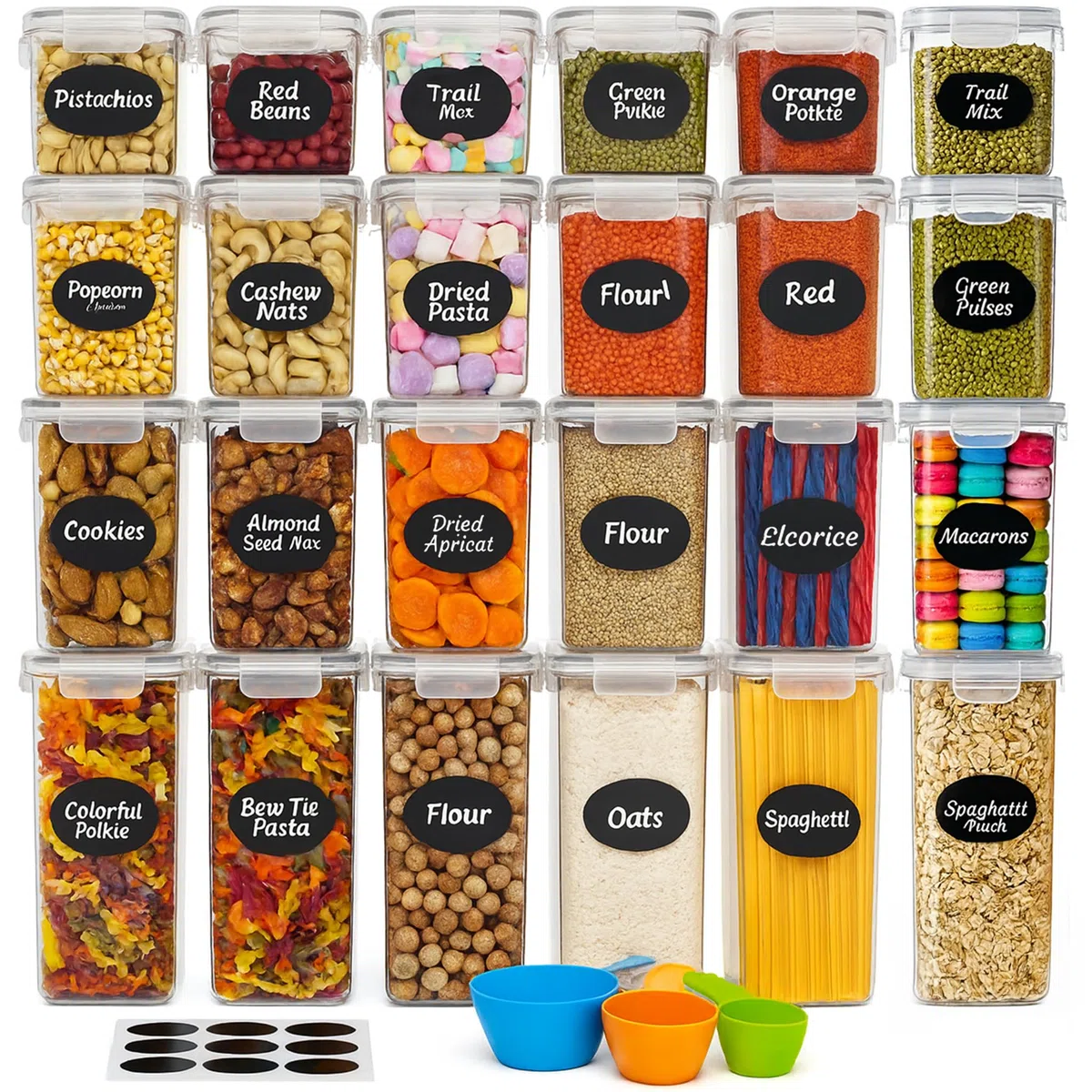 GiDeli Contenitori con coperchio ermetici – Set di 24 contenitori in plastica – senza BPA – Scatole da cucina grandi – Organizzatore per farina, zucchero e grani – con penna ed etichetta