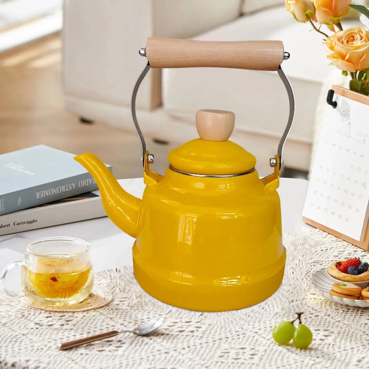 Bollitore per tè e acqua in smalto da 1,7 litri, resistente al calore, scaldalatte, caffettiera retrò, teiera per tè e caffè per cucina, casa, Giallo
