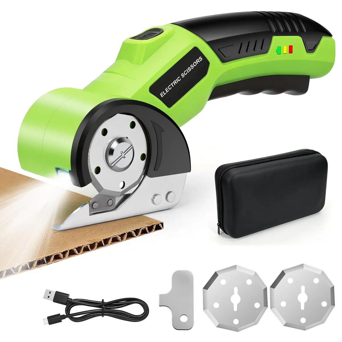 Taglierina Elettrica Rotante 4V, Forbici Elettriche Ricaricabili con Lama Autoaffilante e LED – Per Tessuti, Cucito, Pelle, Moquette, Cartone, Plastica – Idea Regalo Fai da Te, Atelier (Verde)
