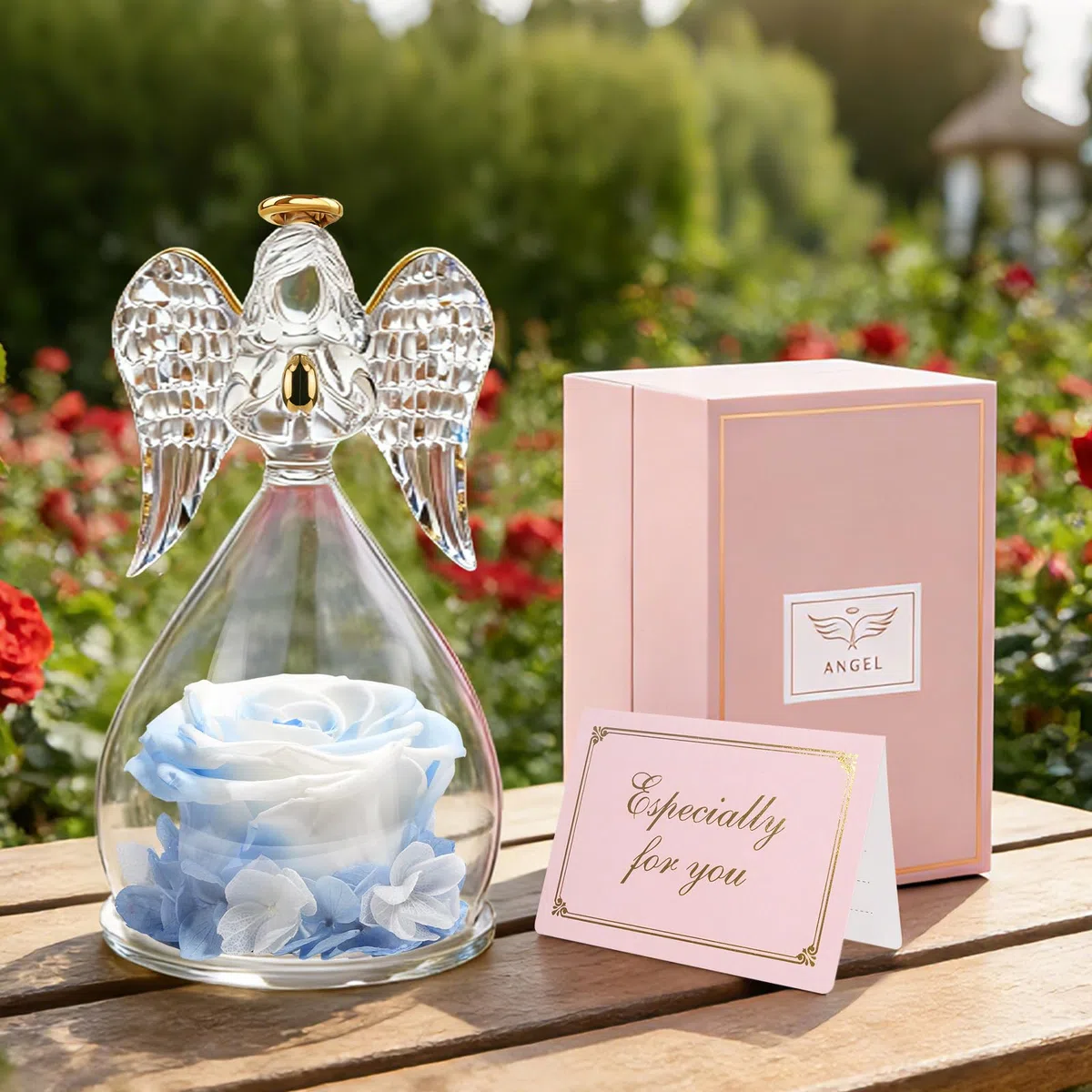 Yamonic Rosa Eterna Regalo Donna, Rosa Stabilizzata con Angelo di Vetro Regalo Mamma Compleanno, Angeli Custodi Regali Nonna, Statuette Angeli con Fiori Eterni Festa della Mamma Idee Regali Natale