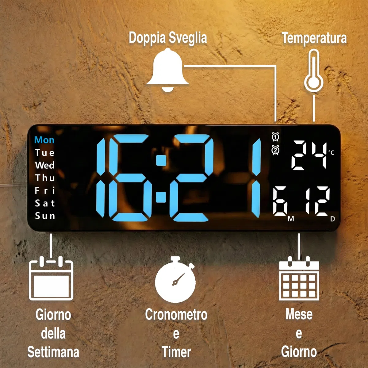 Opis Technology Clock 1 XL Blu/Bianco - Orologio da Parete Digitale LED 31cm, Telecomando & Timer - Per Palestra, Ufficio e Casa (Alimentazione a Cavo)
