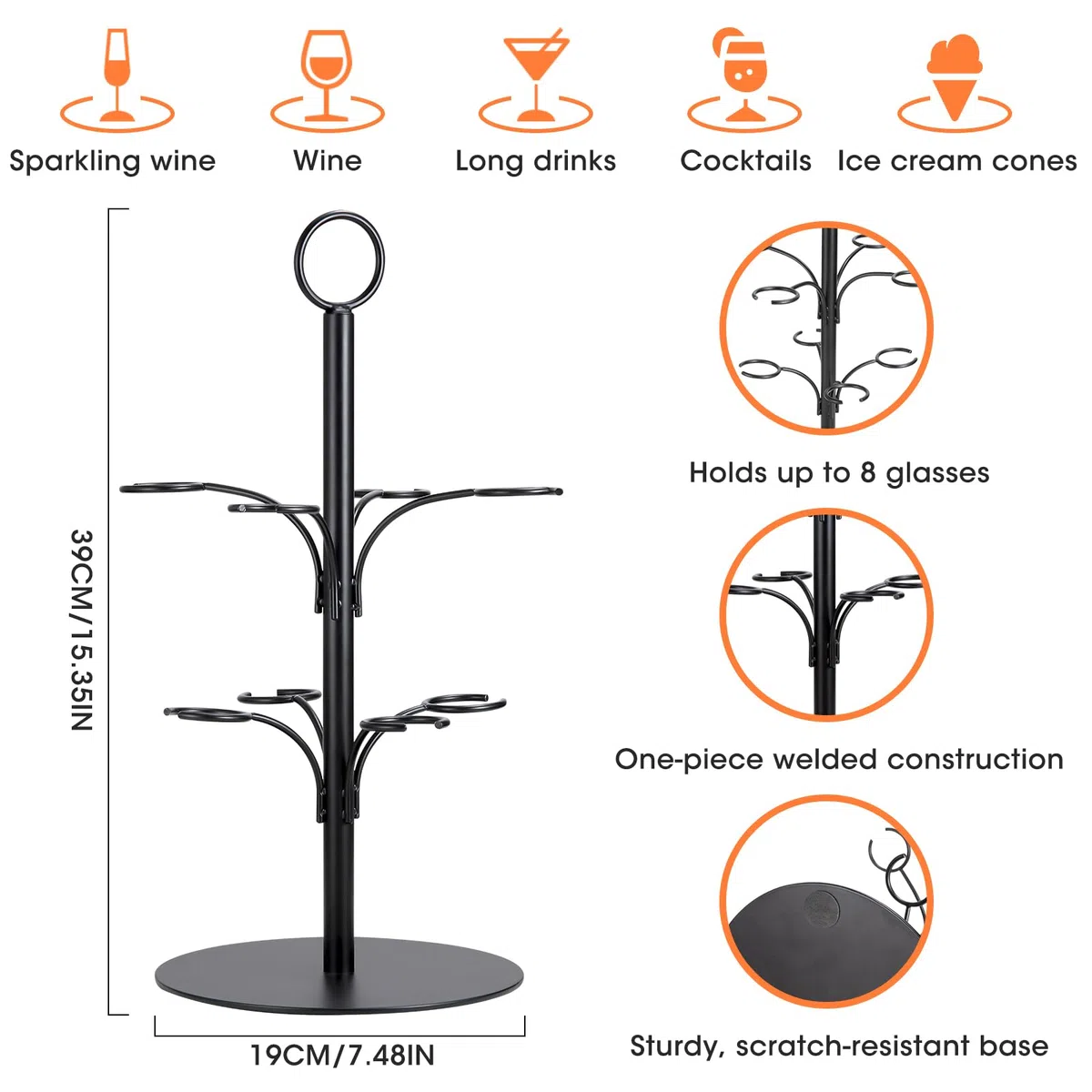 Supporto per albero da cocktail, a 2 ripiani, per champagne/martini, con 8 staffe, non richiede montaggio