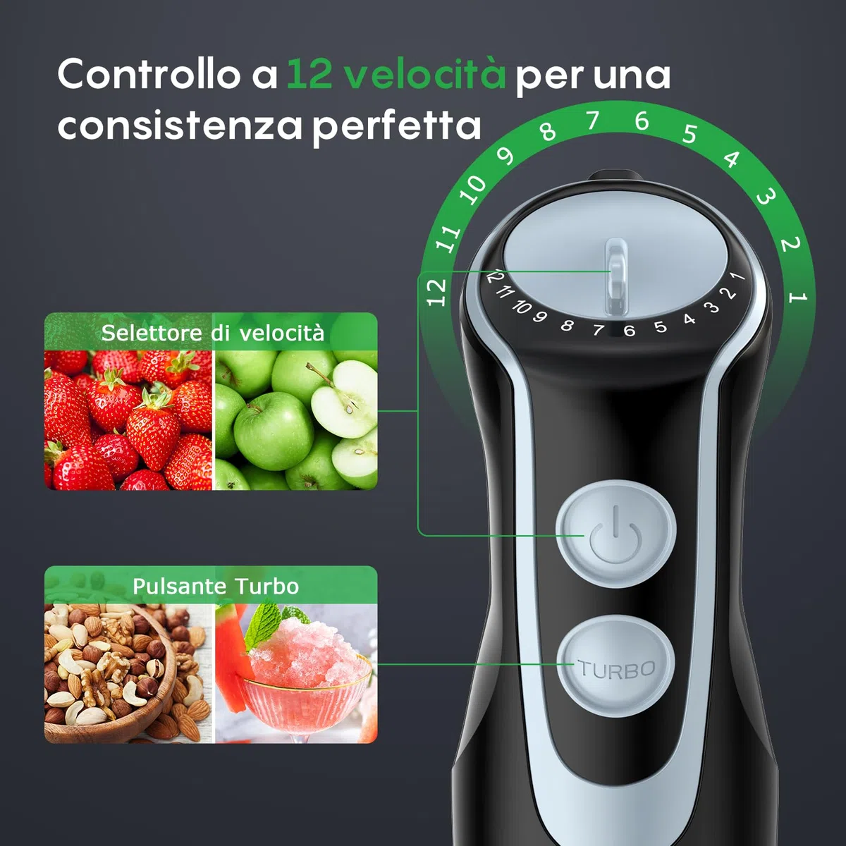 Frullatore a Immersione 4-in-1, 1000W Mini Frullatore a Mano in Acciaio Inossidabile 304, con 12 Velocità e Modalità Turbo, Antispruzzo Design, Include Misurino, Tritatutto e Frusta (HB3302)